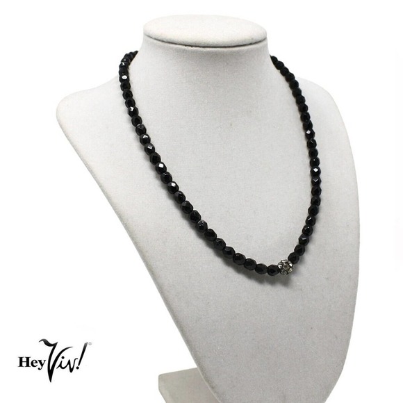Vintage Single Strand Black Glass Bead & Rhinestone Choker Necklace 17" -Hey Viv - Picture 3 of 4
